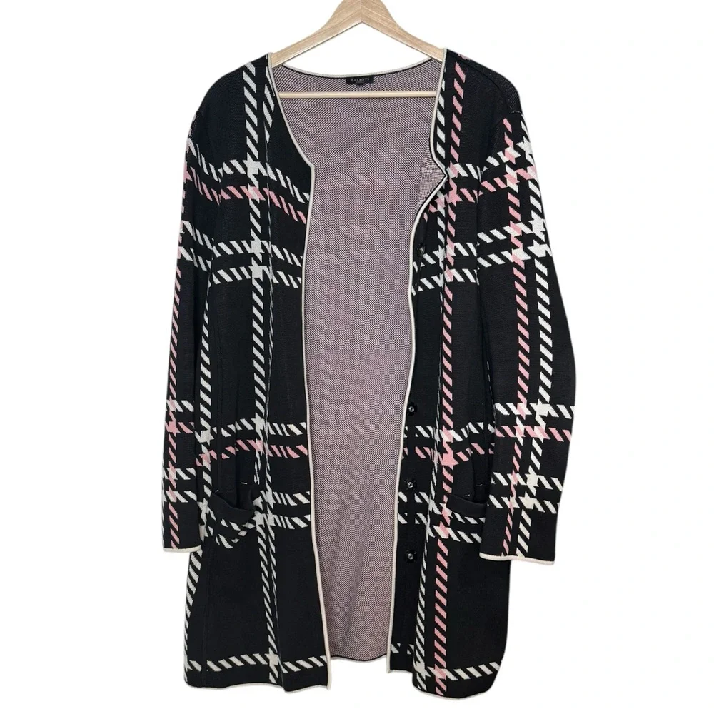Talbots Checkered Plaid Knit Coatigan Long Knit Sweater Coat Size L Snap Close